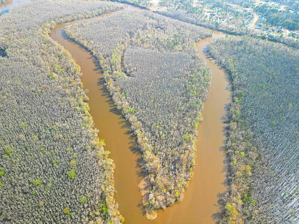 Aerial view of a river bend and wooded peninsula in Eastern North Carolina—natural land, water, and coastal plain context
